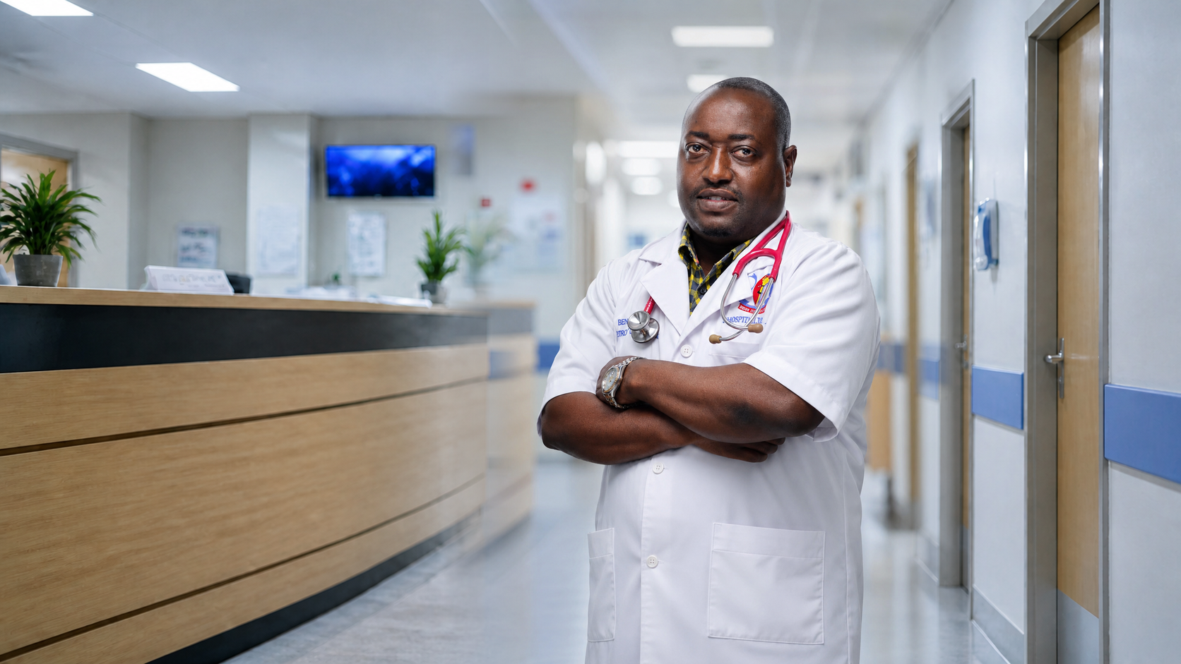 Dr. Benny akiwa amevaa koti jeupe la daktari na stetoskopu katika korido ya hospitali