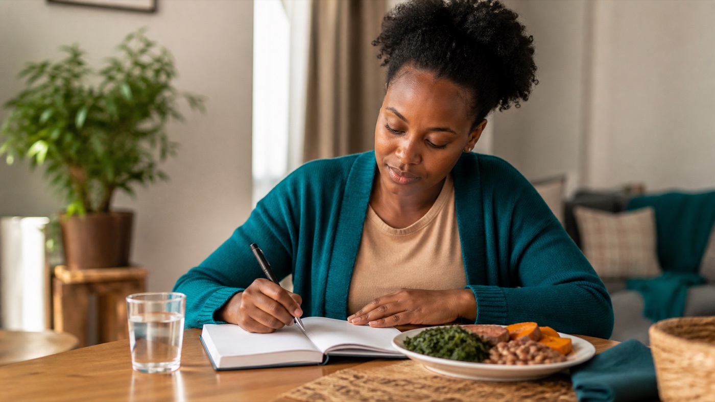 Black African woman recording menstrual bleeding and symptoms