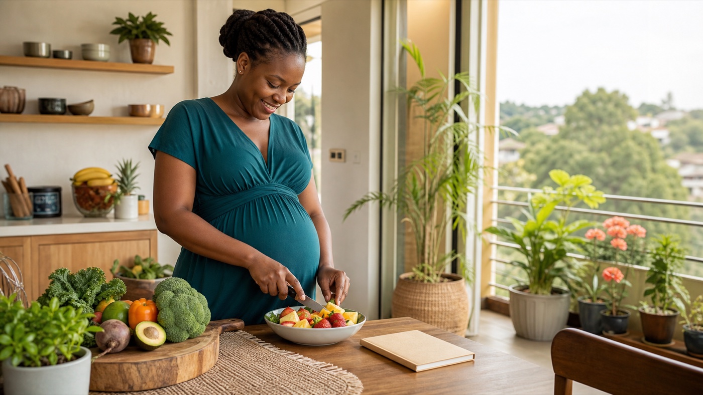 Mama mjamzito Mwafrika akiandaa chakula chenye afya nyumbani