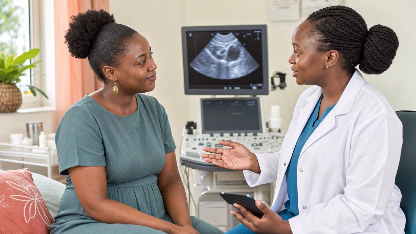 Mgonjwa Mwafrika akijadili PCOS na daktari wa afya ya wanawake
