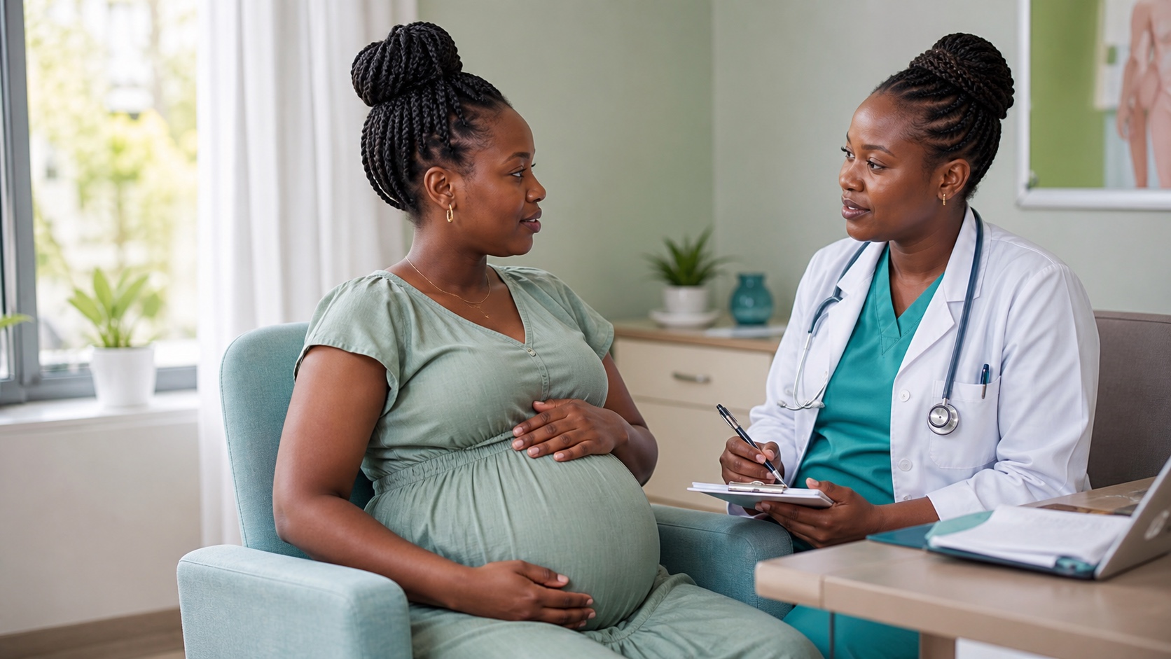 A pregnant East African woman discussing symptoms with an African maternity clinician